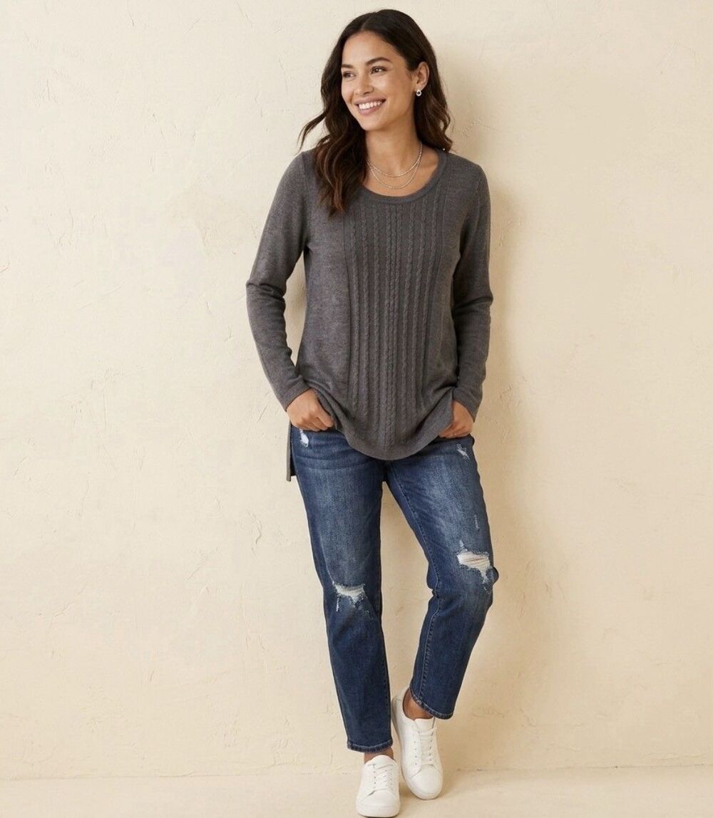 White Stag Knit Pullover Sweater  Sz L 12-14 Long Sleeve Gray Casual